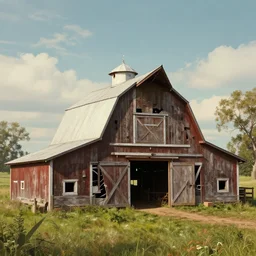 A barn at an Iowan farm, barndoors broken open by baba yaga's hut, game art matte painting hyperdetailed, artstation, cgsociety, 8k, surreal dream landscape