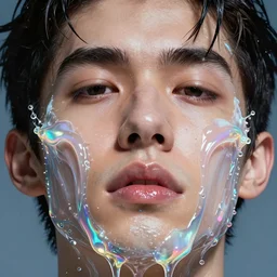 fluid extreme close up of gorgeous! hyperrealistic male face melts like iridescent ice cream, digital art masterpiece, highly detailed neo pop surrealism, jason limon kay sage hannah yata, dramatic lighting, low angle, uhd 8 k, sharp focus