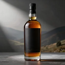 photorealistic rendering of whisky bottle for advertising, blank black label, studio light