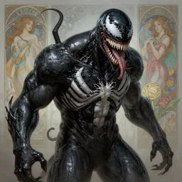 Venom, highly detailed, digital fantasy character, painted portrait, artstation, concept art, hard focus, illustrations, works by artgerm and Greg Rutkowski, Alphonse Mucha and Craig Mullins, James Jean, Andrey Ryabovichev, Mark Simonetti and Peter Morbacher, 16k,