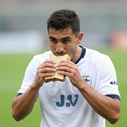 soccer player eating a sandwich during a match, distant photo, realistic