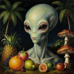 a baroque close - up portrait painting of a cosmic alien. water, colorful fruit, tropical palm trees, and mushrooms. surrealism. night background. highly detailed science - fiction fantasy painting by norman rockwell, moebius, frank frazetta, syd mead, and stanislaw fernandes. rich colors, high contrast. renaissance masterpiece. artstation