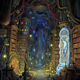 underground city, steampunk city, so many wires, magic library, carving on southern ice porcelain , overdetailed art, by greg rutkowski, by Alfons Mucha, complementing colors, magic, colorful lights, fireflies, detailed illustration