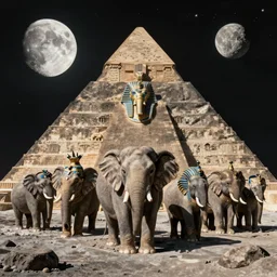 photograph of a pharaonic elephant clan resting on the moon beside a moon pyramid, mysterious, classified
