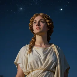 portrait of hypatia of alexandria, beautiful ancient greek curly - haired woman, looking in awe at the night sky full of stars - w 7 6 8