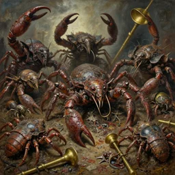 oil painting of disgusting varied filthy rugated armored inachidae arthropodia giants clawing chaos as brass weapons by vincente b ballestar, by francesco blanc, kelly freas high resolution, hyper detailed, intricate details, cinematic, panorama,