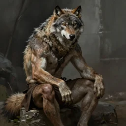 Portrait of a rugged werewolf sitting down, male, muscular, detailed face, bare thighs!!!, simple clothing!!!!!, fantasy, medieval, highly detailed, cinematic lighting, digital art painting by greg rutkowski