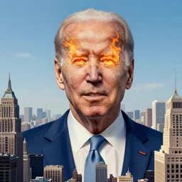 giant mayan joe biden!!!!!!!!!!!!!!!!!!!!!!!! with flaming eyes standing over city, perfectly clear face, by j. c. leyendecker and beksinski