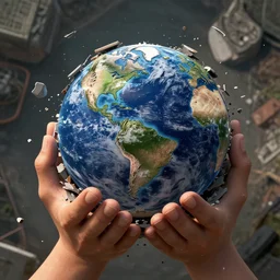 destroyed earth held by two hands, digital art, trending on art station, very detailed, detailed background