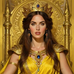 portrait of megan fox as a queen, throne, jewelry, greek, yellow, intricate, headshot, highly detailed, digital painting, artstation, concept art, sharp focus, cinematic lighting, illustration, art by artgerm and greg rutkowski, alphonse mucha, cgsociety