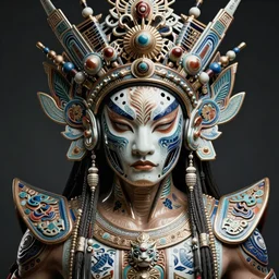 portrait of a mayan masculine male cyberpunk jaguar warrior, machine face, upper half portrait, decorated with chinese opera motifs, muscular, asian, fine china, wuxia, traditional chinese art, intricate intense elegant, highly detailed symmetry headpiece digital painting artstation concept art smooth sharp focus illustration, art by moebius and frank miller alphonse mucha 8 k
