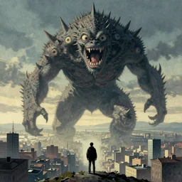 A beautiful digital art of a large, monster looming over a cityscape. The monster has several eyes and mouths, and its body is covered in spikes. It seems to be coming towards the viewer, who is looking up at it in fear. Ukiyo e by Odd Nerdrum tranquil