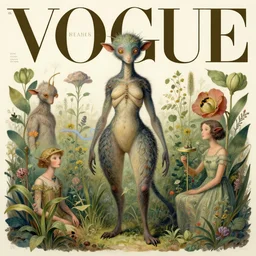 exquisite, imaginative extremely intelligent creature poster art, humanoid, vogue, anthro, botanical illustration by weta studio and james gurney and tom bagshaw and james jean