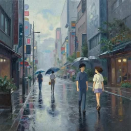 a photograph of a futuristic street scene, rain, overcast, cinematic reflections, maximalist style, soft edges, finely detailed oil painting, impasto brush strokes, soft light, 8 k, dramatic composition, studio lighting, sharp focus, octane render, masterpiece, by makoto shinkai and akira toriyama and hayao miyazaki