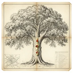 technical drawing of an ancient bone gemstone relic in the branches of a massive tree, multiple layers, detailed map, notes, old paper