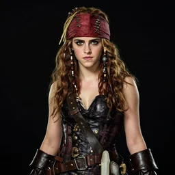 emma watson as a steampunk pirate for a new movie directed by james gunn, studio lighting, black background