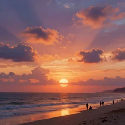 breathtaking sunset view with silhouette of people in the beach, concept art, digital painting, trending on artstation, deviantart, epic composition, extremely detailed, volumetric lighting, masterpiece, octane render