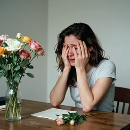 young lady sits at the desk and cries, flowers, color photo by Imogen Cunningham and Weegee