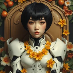a portrait of double eyelids asian female with short black hair dressed with a robot knight plastic white armor dress from evangelion, sit in a throne surrounded by garlands of tropical fruits and flowers, masterpiece painted by jc leyendecker