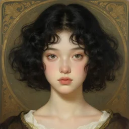 beautiful cottagecore of a girl with short black curly hair, round face, cute face. intricate, elegant. highly detailed, digital painting, artstation, concept art, smooth, sharp, focus, illustration. art by artgerm and greg rutkowski alphonse mucha and Marat Safin