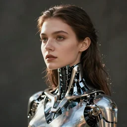 close - up portrait of beautiful young woman with cybernetic dress, art by uwe ommer photography
