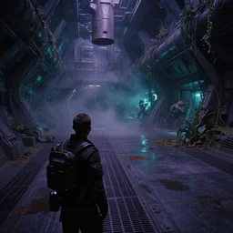 Film still of a vast hall on an alien space ship, over the shoulder shot of a soldier, dark matte metal, floor grills, ventilation shafts, dusty, mist and smoke, purple and cyan lighting, water dripping, puddles, wet floor, rust, decay, vines, overgrown, alien plants, tilted camera angle, a mysterious creature in the distance, year 3000, Cinestill colour cinematography, anamorphic, giger