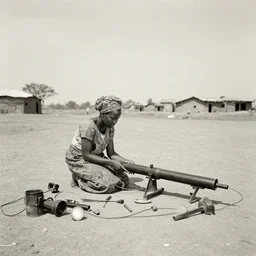 wide angle photo of African woman inspecting laser gun ancient device, tools and junk on the ground,wires and lights, old village in the distance, vintage old photo, black and white, sepia