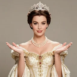 a photo of young sophia loren, posing as a queen, wearing tiara, pearl necklace, intricate gown, holding up a pizza!!!! margherita!! to the camera, beautiful, stunning, golden lighting, exquisit detail, masterpiece, burlesque photo by letizia battaglia