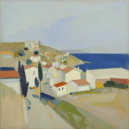 abstract landscape, gouache painting of seaside town, by susan cantrick, etel adnan