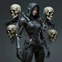 a cybernetic hunter, cyberpunk, wires, skulls, machines, by emil melmoth zdzislaw belsinki craig mullins yoji shinkawa realistic render ominous detailed photo atmospheric by jeremy mann and agnes cecile ink drips paint smears digital glitches glitchart