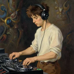 portrait of a young adam brody as a dj with headphones playing music console, jodhpurs greg manchess painting by sargent and leyendecker, studio ghibli fantasy close - up shot asymmetrical intricate elegant matte painting illustration hearthstone, by greg rutkowski by greg tocchini by james gilleard,