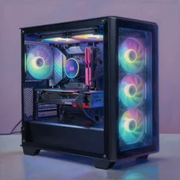 a painting by Wayne Thiebaud of an RGB gaming pc, fan cooling, high specs, ethereal, by Wayne Thiebaud