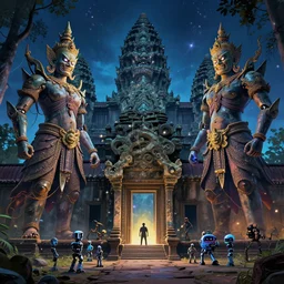 cyberpunk angkor wat with giant mechanical and angry asian gods, portals, sparkling, night time lights, small robots, ancient trees by paul lehr, jesper ejsing