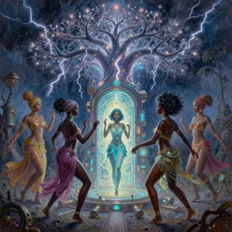 african goddesses dancing around a glowing, energized, steampunk neon portal near the electric tree of life in a lightning storm, by ilya kuvshinov, greg rutkowski, loish, rhads, artgerm and justin bua!!!. oil on canvas, detailed and intricate environment, radiant lighting. highly detailed. masterpiece