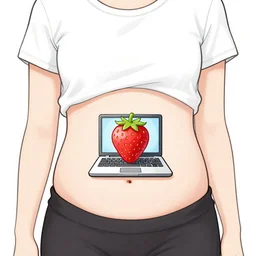 The photo is a drawing of a person with a strawberry computer in their belly. The style is cartoonish and playful.