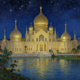 a beautiful painting of the view from the river of the stately pleasure domes of kublai khan in xanadu, at night with a sky full of stars, intricate, elegant, highly detailed, digital painting, artstation, concept art, by krenz cushart and artem demura and alphonse mucha