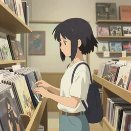 girl in a record store, art by makoto shinkai