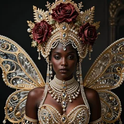 a dark fairy lady who has rococo dramatic headdress with baroque intricate fractals of roses,dressed dembellished pearls tassels made of crystal,by tom bagshaw,Cedric Peyravernay,aaron horkey,Nekro,trending on pinterest,hyperreal,jewelry,gold,maximalist