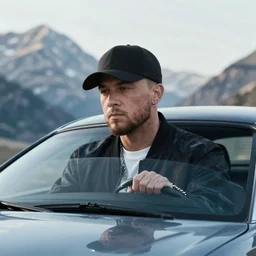 a very high resolution image from a new movie, eminem driving a car. mountains, directed by wes anderson