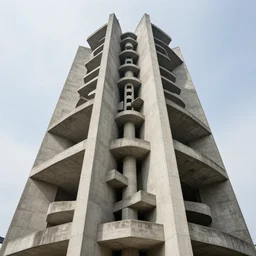 huge tower, brutal concrete with bionic form, photorealistic, epic, ultra details, 4 k, wow, le corbusier, zaha hadid