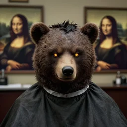 biblical daemonic bear getting a haircut at a barbershop, glowing eyes, rule of thirds, close - up, portrait by greg hildebrandt, studio lighting, muted colors, by terry richardson, by leonardo davinci, by beeple, ultrarelistic, extreme detail, caustics, trending on artstation, 8 k, octane renderer, rtx on