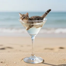 photo of a glass of martini with a small cat swimming in the martini, on the beach