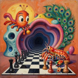an extremely high quality hd surrealism warm painting of 4 d perspective neon complimentary - colors cartoon surrealism melting sculpture composition of zaha hadid biological anatomical peacock mantis shrimp by a much more skilled version of kandinskypicasso and salvia dali the fourth, salvador dali's much much much much more talented painter cousin, 8 k, ultra realistic, chess, tunnels