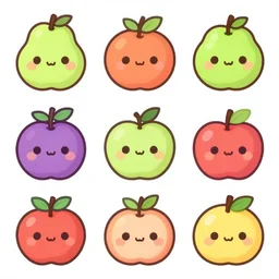 a set of kawaii fruits isolated on white background, stylized, cartoon, cute, trending on pinterest, featured on artsation, high quality, smooth graphics, fine edges,