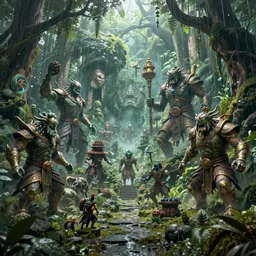 Intricate detailed illustration, An oriental rainforest with elemental golems , cinematic lighting, dota 2, wide angle, volumetric light scattering, 8k, artstation, concept art,