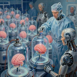 a solar punk painting of rows of futuristic cryonic see through tanks with brains in them attached to consciousness transmitting wires, which are attached to trans cyborg humans. a robotic surgeon is sprinkling something sparkly in one of them. hyper realistic. octane render, art station detailed hard surface modelling. cyborg. human bio body parts. painting by _ gerhard richter.
