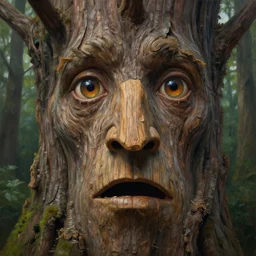 a talking tree, a face in the bark, nose made of wood, mouth in the bark, eyes in the bark, fantasy concept art, digital oil painting, hyperrealistic, beautiful, treebeard, ent, magical, highly detailed, very detailed eyes, artstation, cgsociety, in the forest, by alan lee, by artgerm