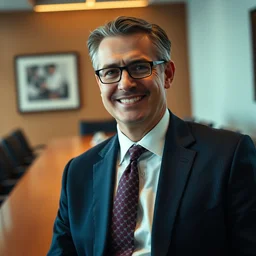 a portrait photograph of a smug executive in a business suit in a board room, dof, low light, highly detailed, 4 k, cinestill 8 0 0 t, by oliver mayhall