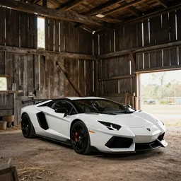 lamborghini in a barn, rustic, vintage, aesthetic