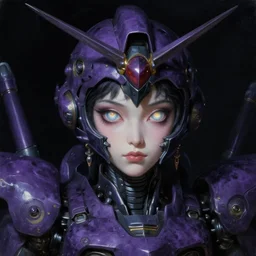 a baroque neoclassicist renaissance close - up portrait of a purple and black obsidian whimsical 1 8 0 0 s japanese mecha gundam woman with big, glowing eyes. reflective detailed textures. gloomy black background. highly detailed fantasy science fiction painting by moebius, norman rockwell, frank frazetta, and syd mead. rich colors, high contrast. artstation